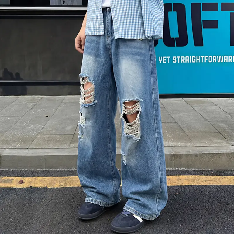 Men's Baggy Ripped Jeans, Wide Leg Vintage Washed Denim, Elastic Waist Streetwear Casual Pants for Men