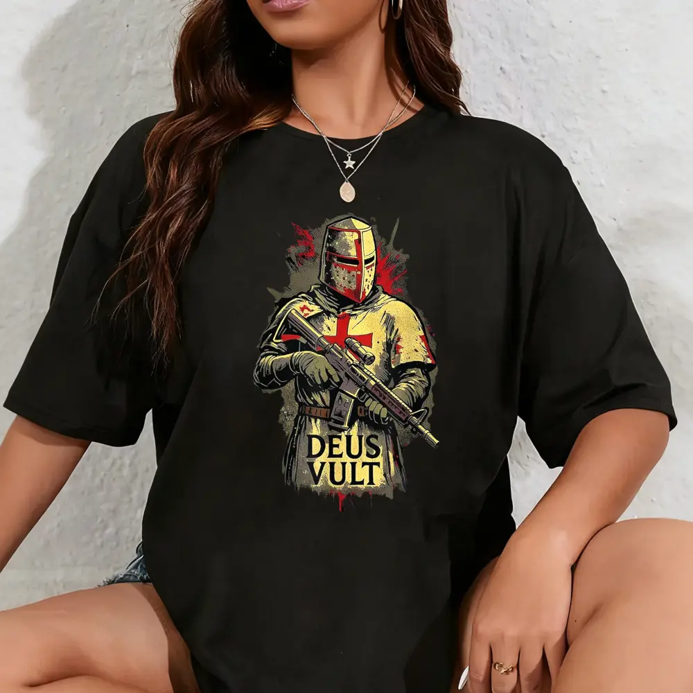 Women's 100% Cotton Round Neck Catholic Knight Templar Crusader Cross Short Sleeve Fitted T-Shirt - Comfortable Breathable Fabric Tee, Casual for Beach, Tropical Outdoor Use, Tshirts, Crew Neck, Tropical Print, Breathable Tee, Cold Wash, Garment, Outdoors