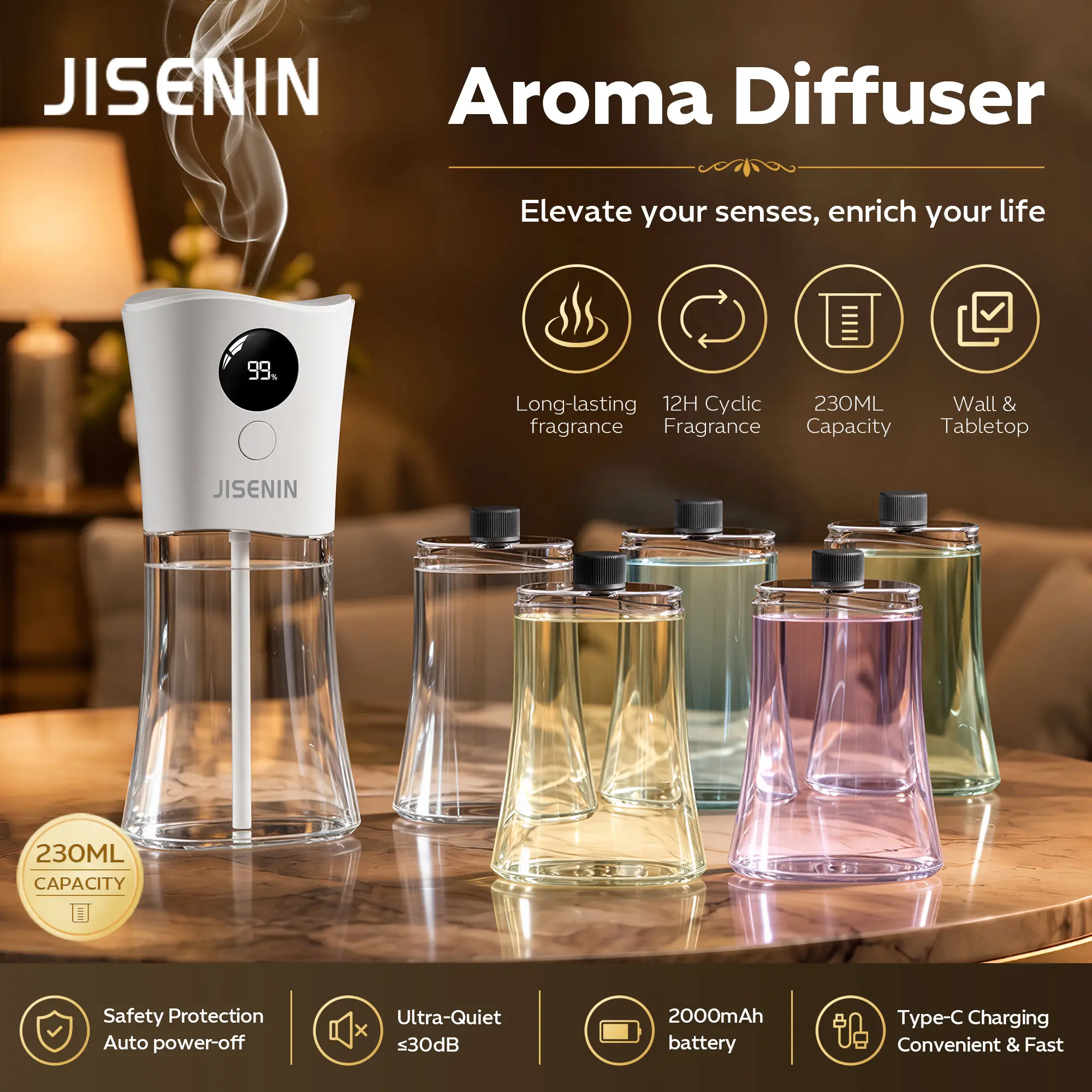 JISENIN Aroma Diffuser Humidifier - 2000mAh High-Capacity Battery, 6 Timer Settings, Colorful Ambient Night Light, Stylish Home Décor Piece bedroom