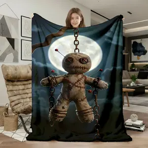 1pc Voodoo Doll Gothic Flannel Blanket, Creative Horror Moon Night Pattern Home Decor Throw, Super Soft Skin-Friendly Cozy Warm Blanket, All Season for Sofa Bed Office Travel Camping Gift