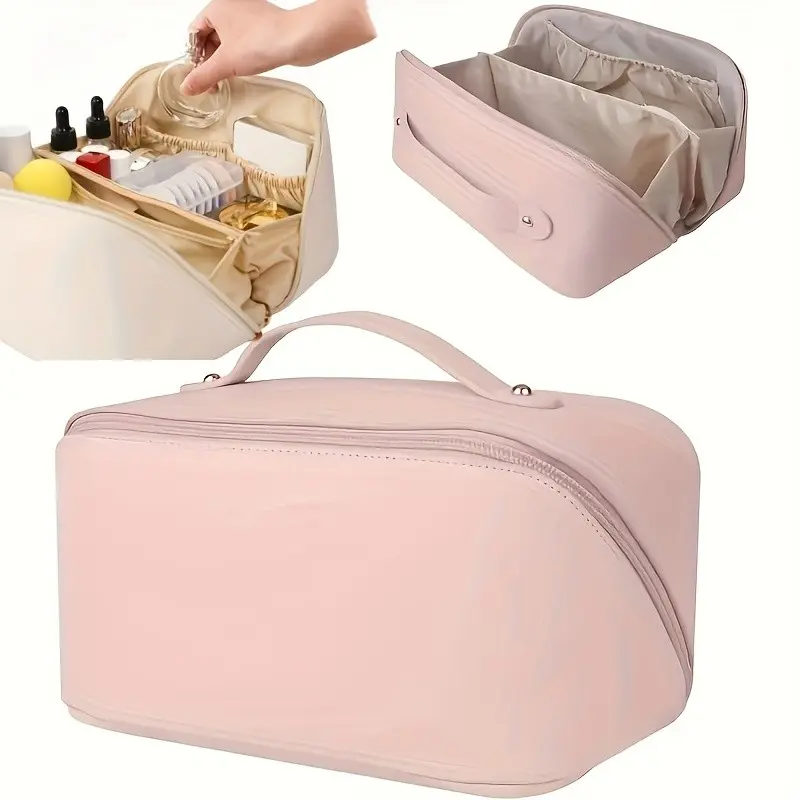 Large Capacity Travel Makeup Bag, Expandable Cosmetic Organizer with Zippered Compartments, Leather-Style, Ideal for Women, Gym, Business Trips, Vacations, Cosmetics Bag, Cosmetic Bags