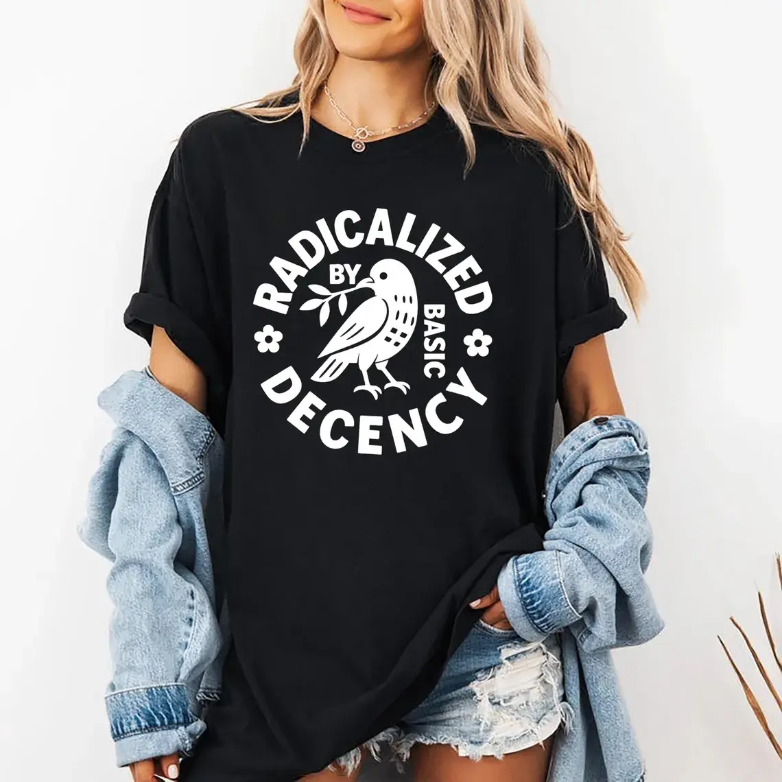 Men's Unisex Radicalized By Basic Decency Graphic Print Cotton Blend T-shirt, Round Neck Short Sleeve Loose-fit All Seasons Casual Breathable Feminist Activist Gift Top