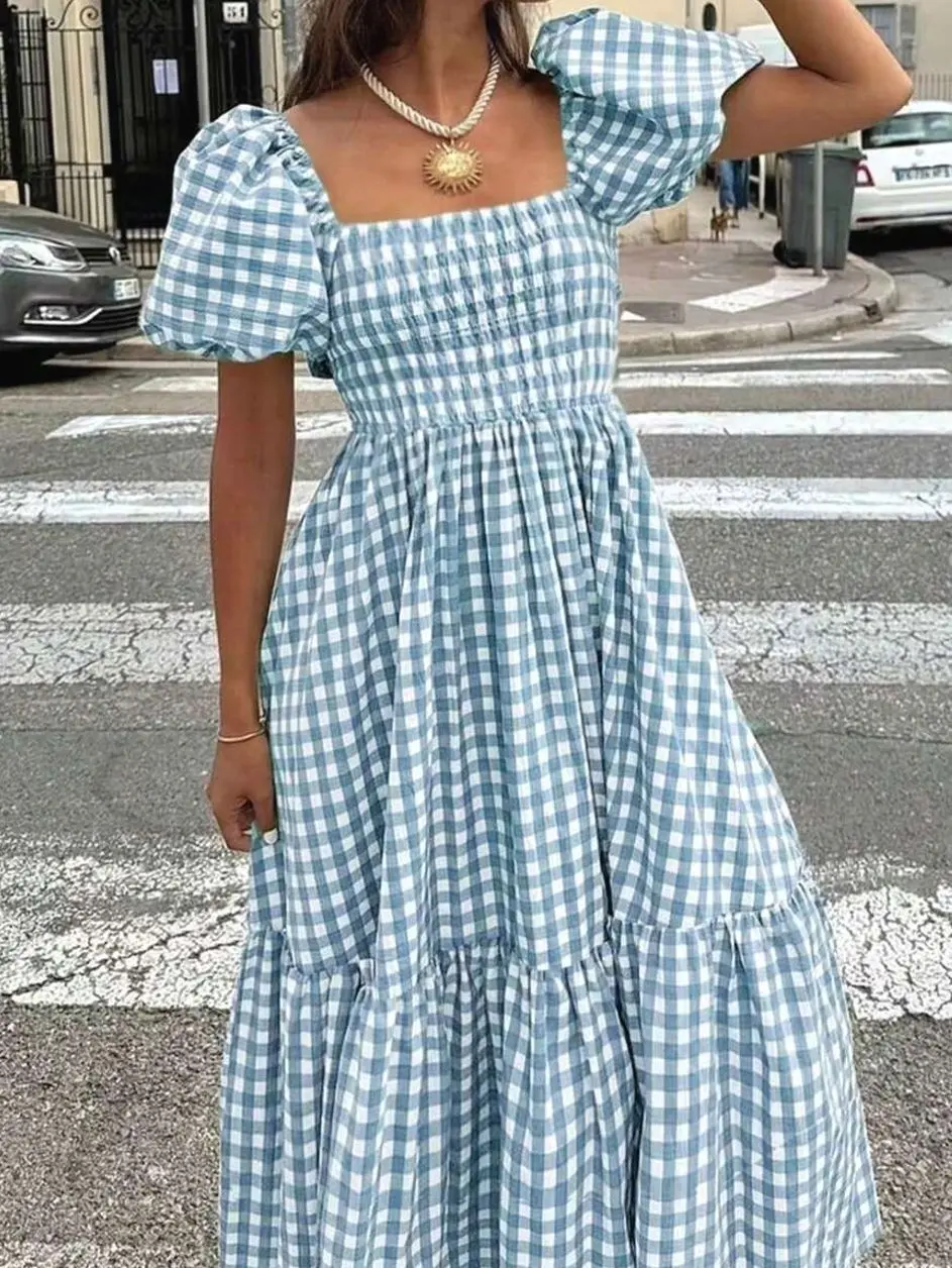 Puff Sleeve Plaid Pleated Dress, Autumn Elegant Waist-Cinching Ruffle Dress for Date Holiday