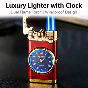 Perfect Father's Day gift! This 2-in-1 watch and butane lighter features twin windproof flames, unique arm ignition and adjustable flame size.
