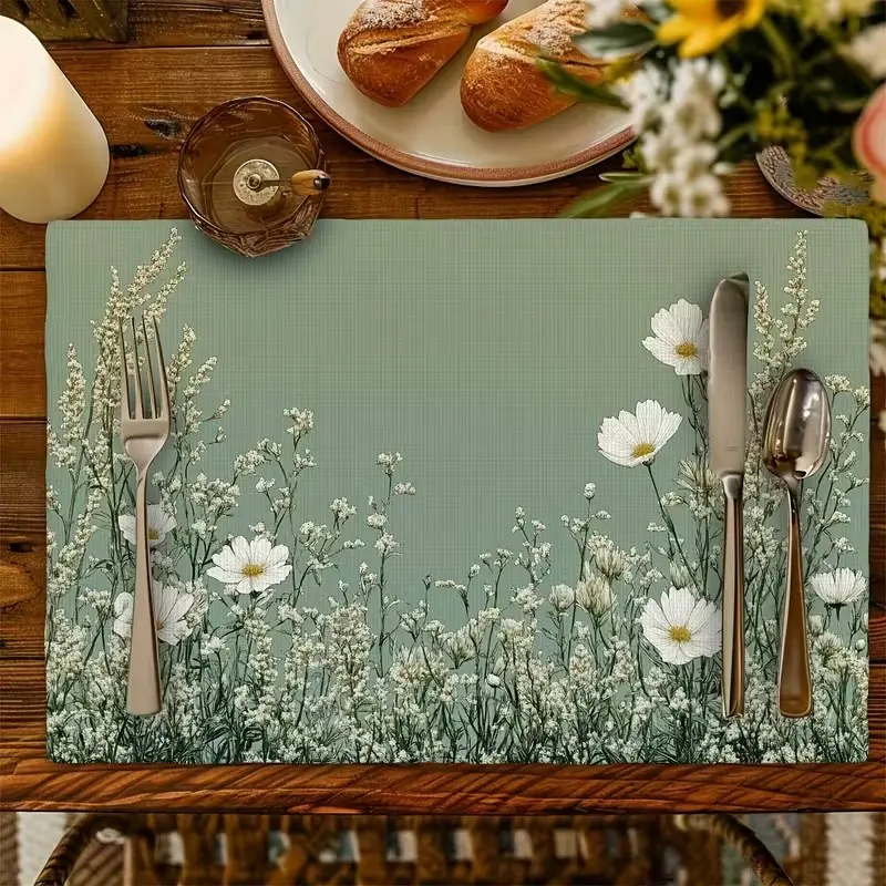 2D flat printing, 2 pieces/4 pieces of sage green flower nebula pattern table mats, Household Placemat, Floral Pattern Placemat, Table Placemats, retro washable table decoration mats, suitable for indoor and outdoor parties, kitchens, and restaurants