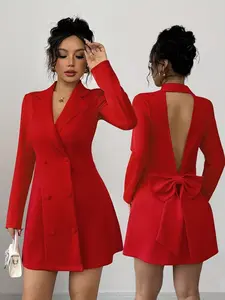 Women's Fall Winter Fashion Elegant Formal Wear Suit Collar V-Neck Backless Large Bow Long Sleeve Short Dress, Stylish and Chic Design, Womenswear, Lady, Formal Dresses