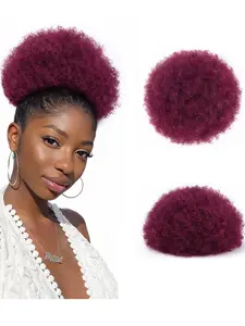 Afro Puff Drawstring Ponytail Kinky Curly Bun Hair Synthetic Short Extensions Hairpieces Updo Hair for Women Synthetic Hair Wig (8Inch,Red)