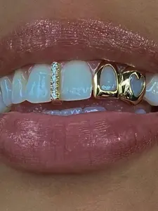 Street Style Double Heart-shaped Hollowed-out Zircon Braces & Single Vertical Zircon Braces, Hip-hop Braces Set, Rapper, Teeth Brace
