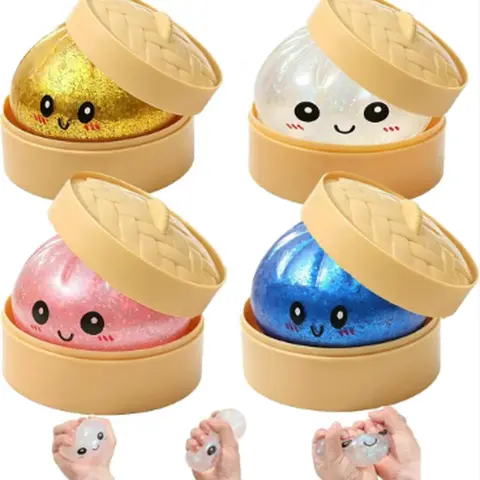 Kawaii Glittery Baozi Squishy Stress Relief Toy with Mini Steamer Box, Palm-Size Fidget Decompression Squeeze Item, Squeeze Stress Ball for Kids’ Sensory Needs, Anxiety Squishies for Fidget Toy Lovers