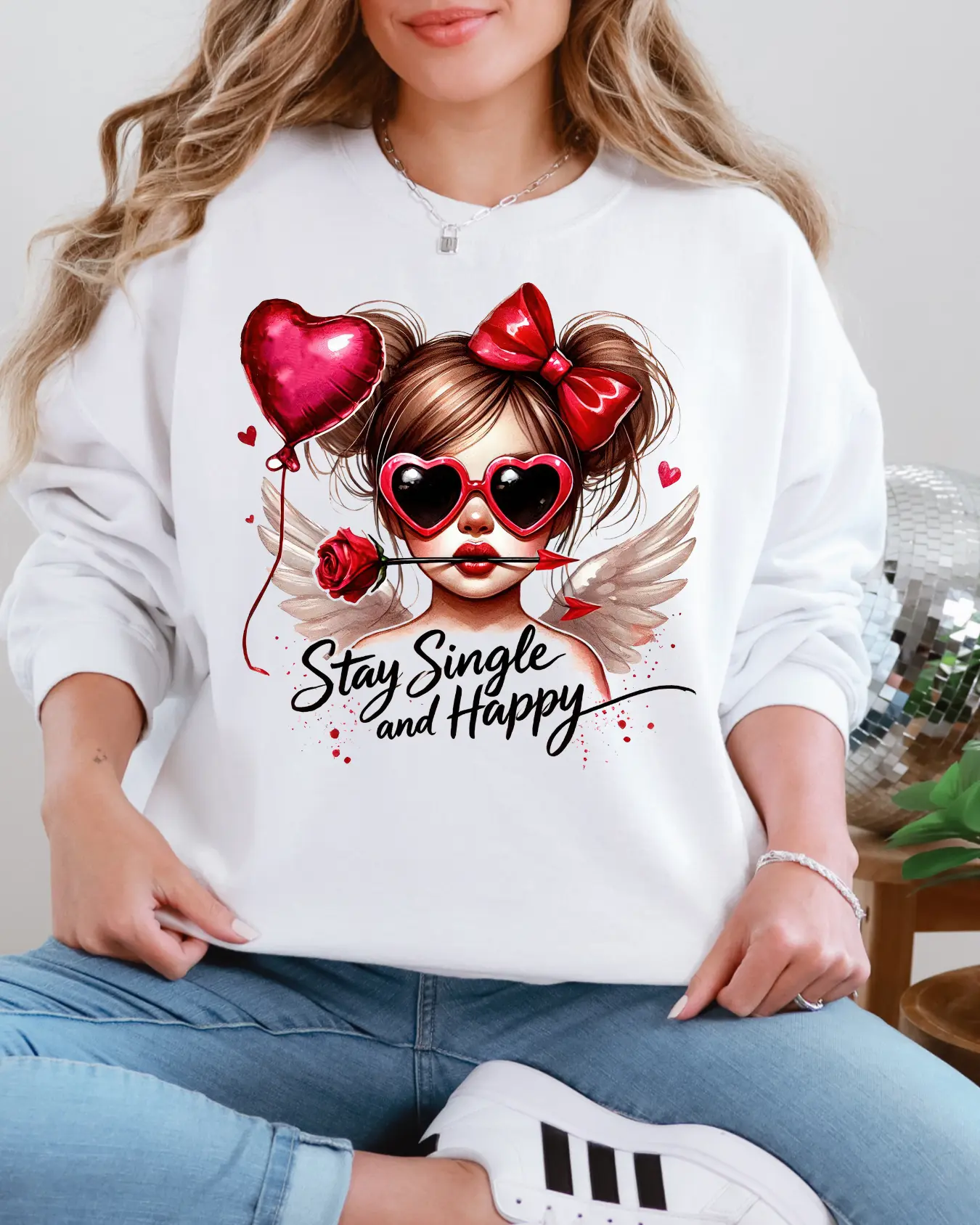 Women's Valentine's Day Oversized Soft Fleece Crewneck Hoodie - Bold Statement Printed Angel Cupid Heart Rose Graphic, Relaxed Loose Fit Self-Love Top, Pairable with Joggers for Girls
