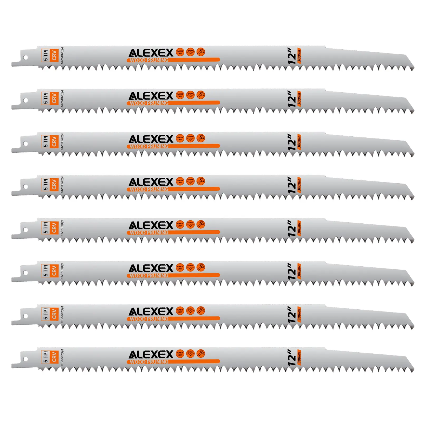 8-Pack 12-Inch 5 TPI High Carbon Steel Wood Pruning Reciprocating Saw Blades, Metabo/Porter Cable Compatible Universal Fit, Fleam-Ground Teeth, Reinforced Plastic Core for Tree Trimming, Wet Wood Cutting