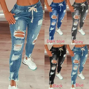 Spring and Summer 2025 New Women's Denim Elastic Waist Women's Jeans High Waist Ripped Ankle-Tied Lace-up Trousers Womenswear Bottom Pants Comfort Streetwear Skinny Slim girth  master  grey  sweats Black Blue