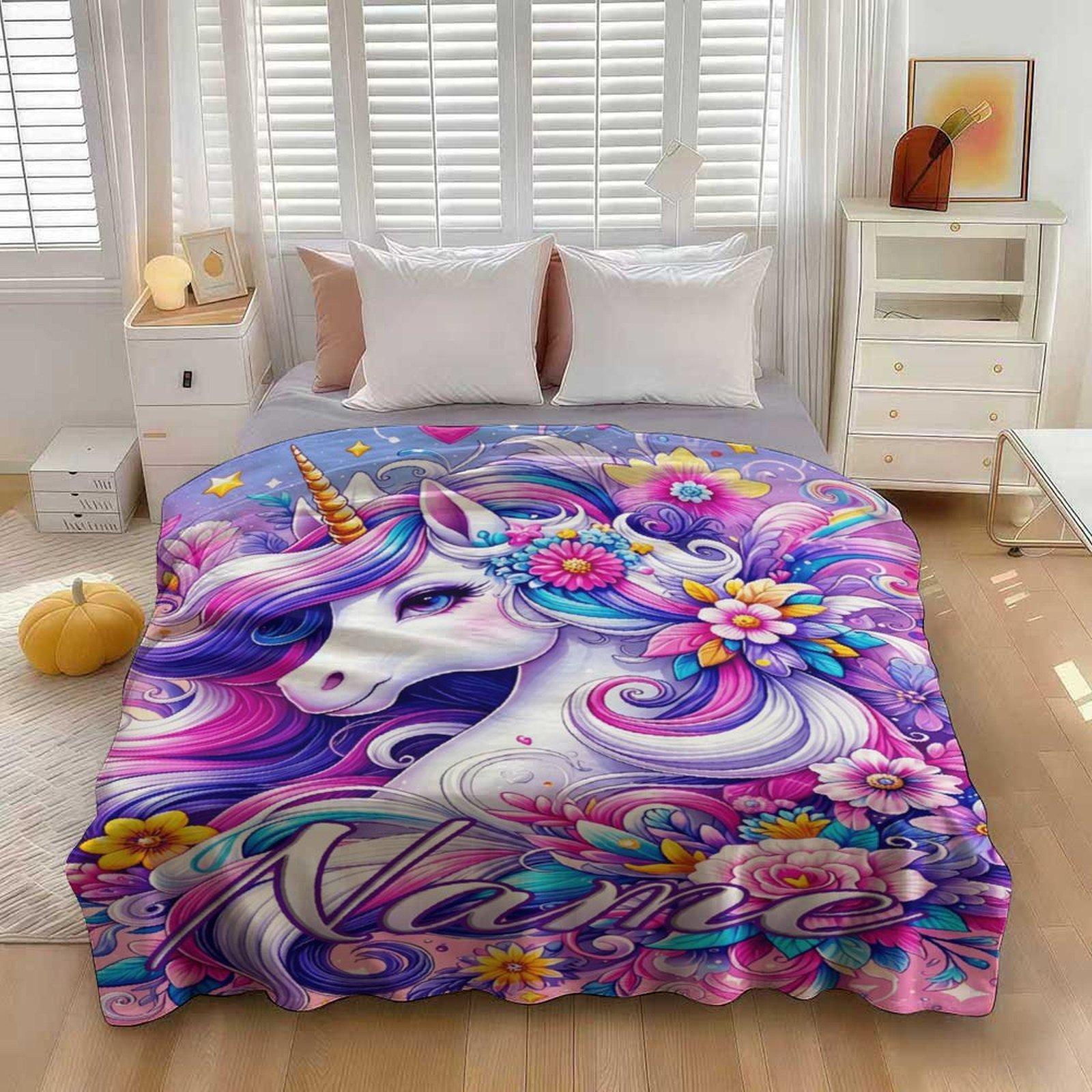 Custom Pink Unicorn Flannel Blanket ,Personalized Name Gift ,Suit for The Sofa, Bed, Travel, Camping, Living Room, Office, Chair，Gifts for Family or Child  ,Friend , Send your custom text via shop chat to personalize