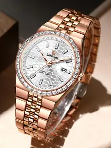 A men's rose gold steel strap high-grade business casual with a diamond calendar and quartz movement Business Fashion Watches Analog Quartz Watch