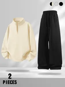 Unisex Casual Set Pieces, Half-Zip Loose Long Sleeve Sweatshirt & Wide Leg Pants, Breathable Comfort Fabric, Home to Lunch Date, Minimalist Design, 3 Color Options, Clothes