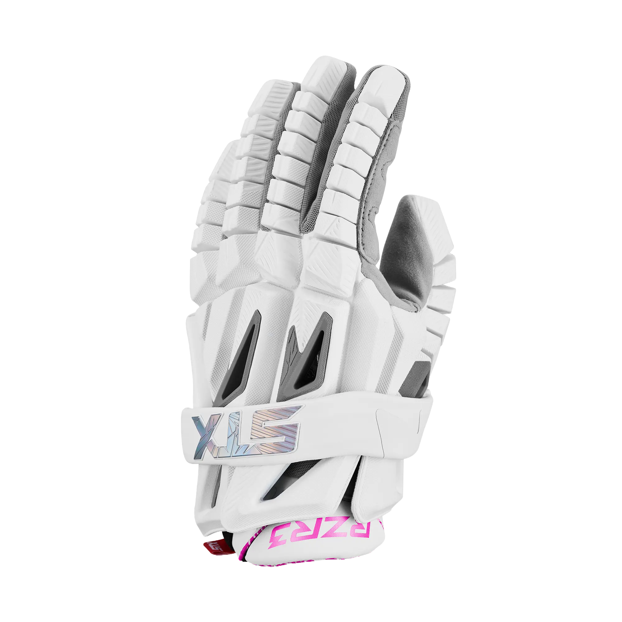 STX RZR 3 Lacrosse Gloves, White-Pink, Articulated Design for Comfortable Adult Athletes, Adults, Compression-Mapped Finger Blocks, Dual-Port Ventilation System, Enhances Grip, Improves Flexibility And Mobility