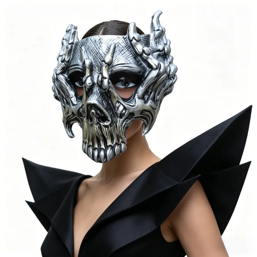 Adult Industrial Retro Half-Face Latex Mask - Mechanical Skeletal Hands Wrapped Around Skull, Antique Silver Bone Headgear, Dark Cosplay Accessories for Cosplay Events, Photo Biker Party Jump Scares