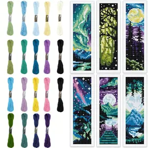 Dreamy Aurora Themed Cross Stitch Bookmark DIY Art Kit, Includes Printed Fabric Threads Tools Manual, Perfect Gift for Beginners Crafters, Embroidery Threads, Stitching Tools, Instructions