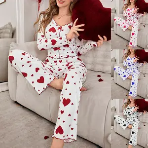 Women's 2-Piece Heart Print Pajama Set - Rib-Knit V-Neck Long Sleeve Top and Wide Leg Pants Lounge Set, Romantic Lettuce Trim Sleepwear for Valentines Day & Daily Wear