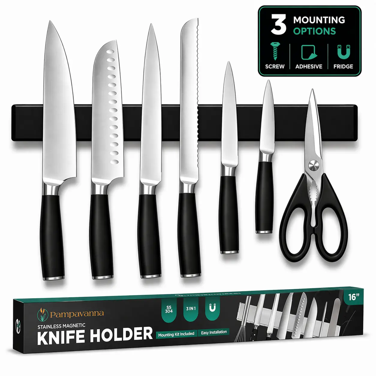 Magnetic Knife Holder for Wall & Fridge 16" - (No-Drill) Stainless Steel Strip for Kitchen & Utensils Storage Kitchen Knives Knives Stylish Classic