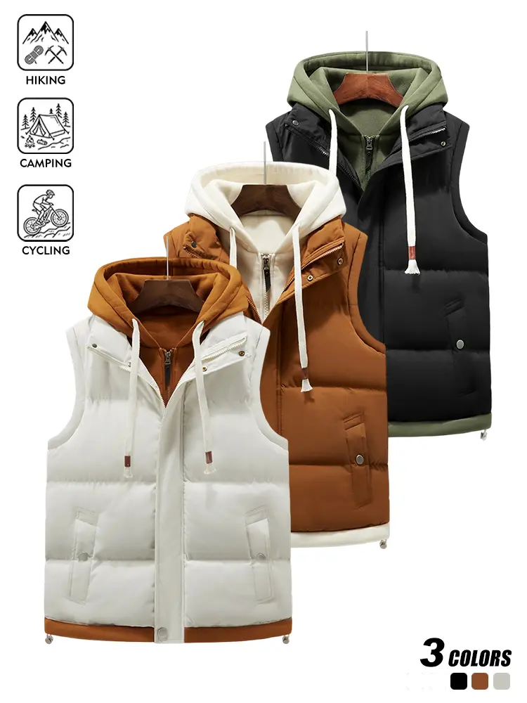 Men Detachable Hood Padded Sleeveless Vest, Warm Quilted Outer Fabric, Relaxed Fit, Zip And Snap Closure, Side Pockets, Insulated Winter Gilet for Daily Wear, Hiking, Camping and Casual Outdoor Activities