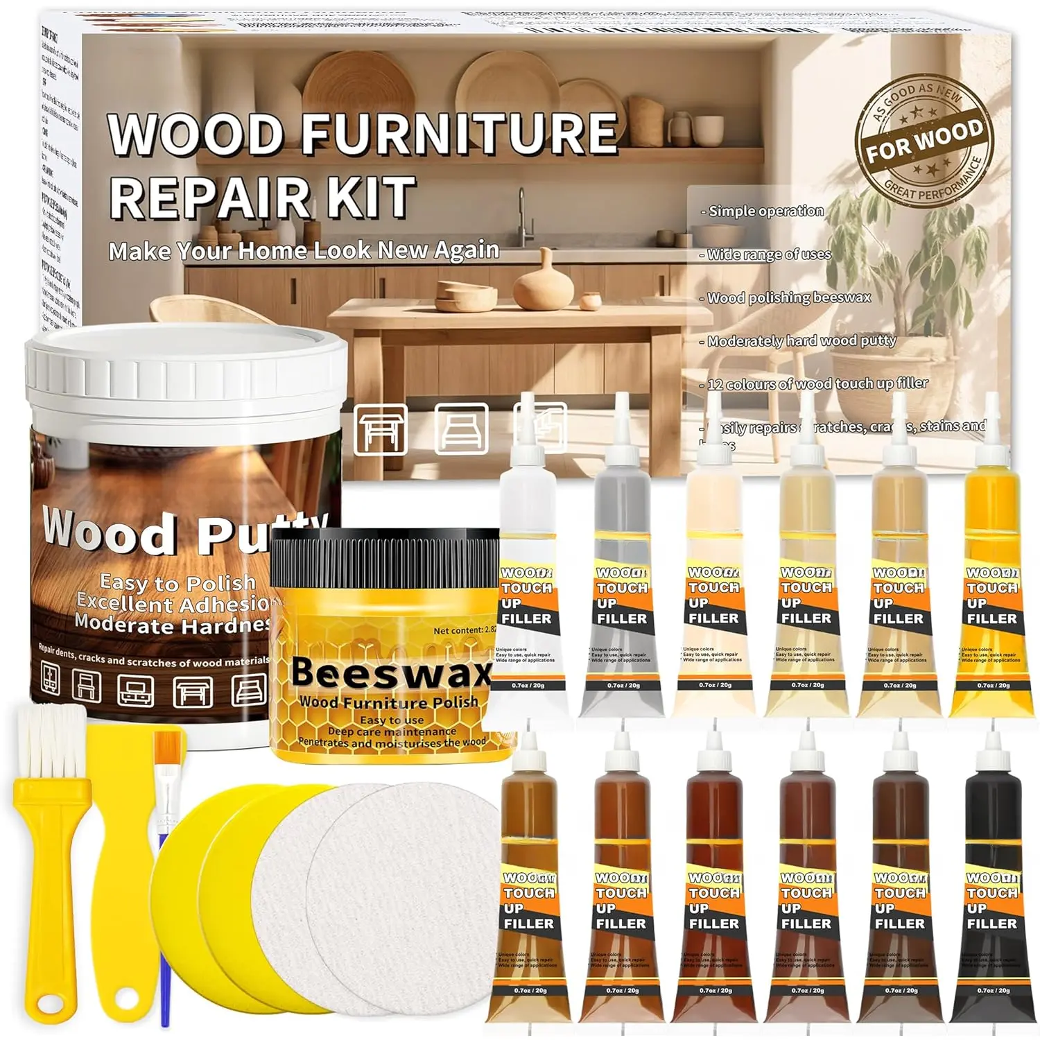 Furniture Repair Kit, All-in-One Large Capacity Floor Repair Kit Include  Putty & 12 Colors  Touch Up Filler and Beeswax, Vinyl Floor Repair Kit for Scratch, Cracks, Stain, Holes