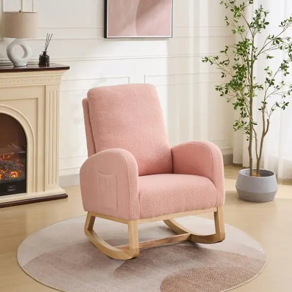 Plush Upholstered Rocking Chair with High Back Support, Soft Sherpa Fabric Accent Armchair Featuring Side Storage Pocket and Sturdy Rubber Wood Legs ,for Living Room/Bedroom.Pink