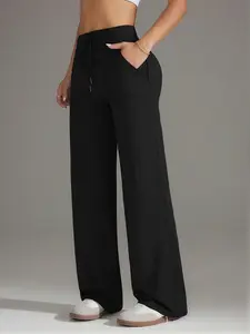 High Waist Drawstring Elastic Casual Pants, Wide Leg Straight Fit Gym Pants, Fall & Winter Long Pants with Pockets, Athleisure Style Bottoms