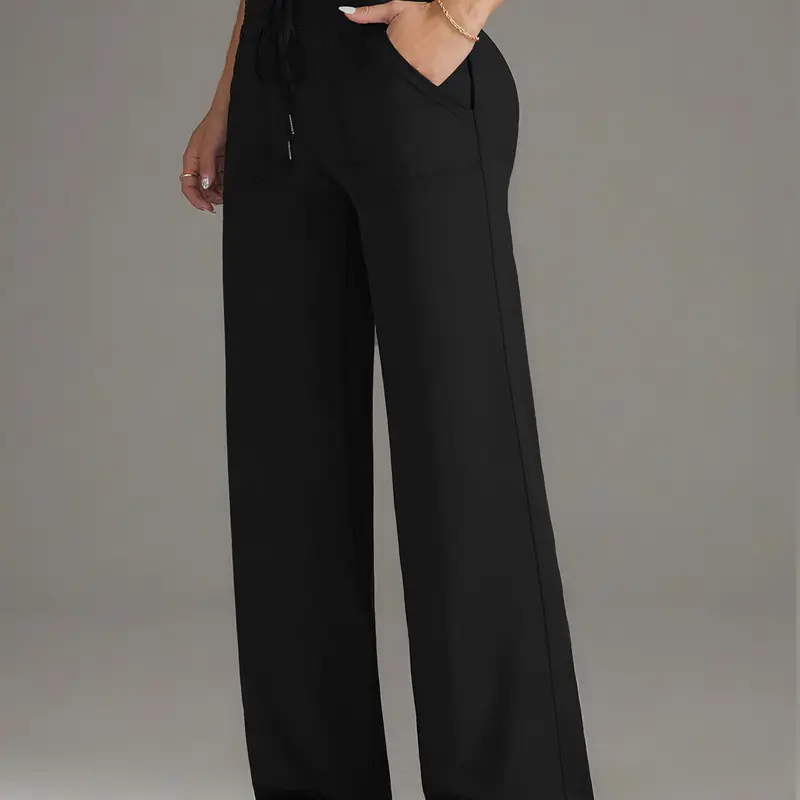 High Waist Stretchy Drawstring Elastic Casual Pants, Wide Leg Straight Fit Gym Pants, Fall & Winter Long Pants with Pockets, Athleisure Style Bottoms, Casual Sportswear Pants, Casual Fitness Pants, Activewear Pants, High Waisted Sportswear