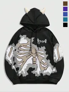 Men's Halloween Skull Print Hoodie with Horns, Street Style Long Sleeve Casual Sweatshirt, Perfect for Y2K and Anime Fashion Lovers