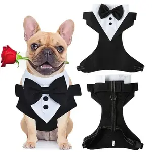 Dog Tuxedo Harness Engagement Birthday Valentines Wedding Costume Adjustable Bow Tie Pet Vest Harness for Small Medium Dogs Pet Dog Clothes