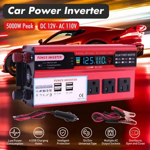 5000W Portable Power Inverter - DC 12V to AC 110V Pure Sine Wave Solar Converter for Automotive Use, 4 USB Ports, Overheat Protection, High Voltage Input Protection