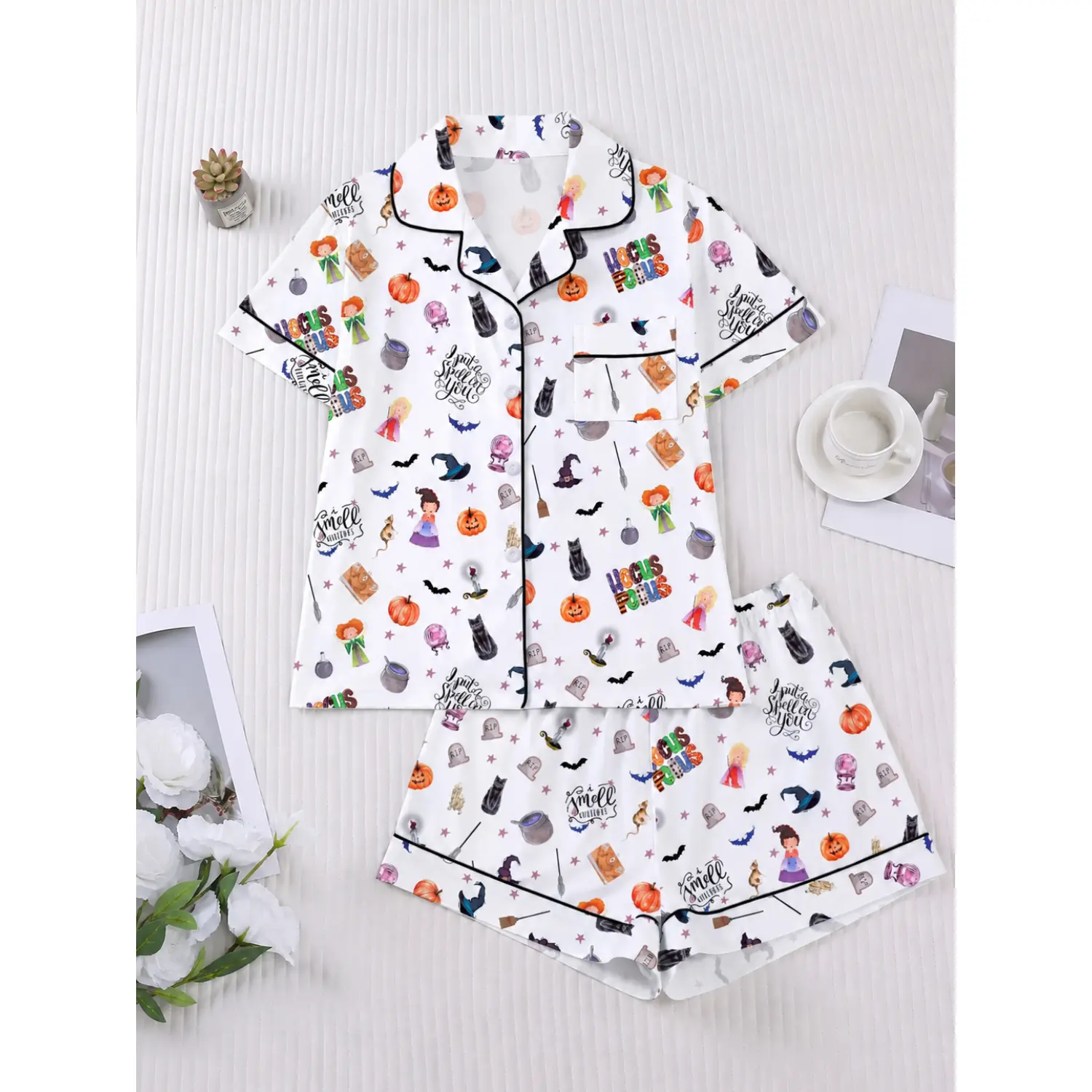Women's 2-Piece Halloween Cartoon Ghost & Pumpkin Pajama Set - Short Sleeve Button-Front Top, Elastic Stretchy Shorts, Breathable Easy-Wash Lightweight Nightwear Loungewear