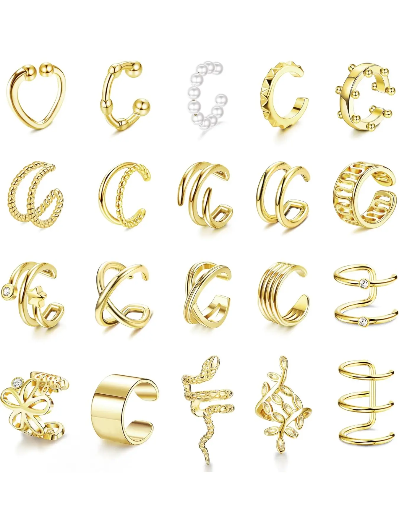 20Pcs Ear Cuffs Earrings Set for Women Non-Piercing Dainty Cartilage Ear Clip On Wrap Earring Set Adjustable Fashionable Jewelry Accessories