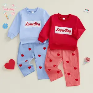 Baby Boy Valentine's Day 2-Piece Outfit Set, "LoverBoy" Sweatshirt + Gingham Heart Pants, Cute Spring Holiday Toddler Clothes, 1-4 Years