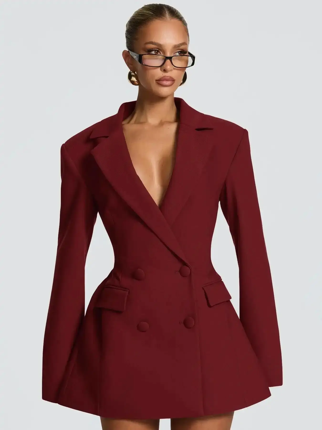 Effortless Double-Breasted Waist-Tapered Suit Dress Go To Style, Deep V Neckline Back Belt Slim Fit Formal Chic Workwear for Commuter & Date Women, Comfortable Fit, Comfort Fit, Contemporary, elegant silhouette