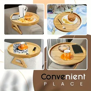 Foldable Wooden Armrest Tray Table, Small Space Portable Sofa Side Table, Home Use Round Plate Holder, Compact Couch Accessory, Wooden Tabletop
