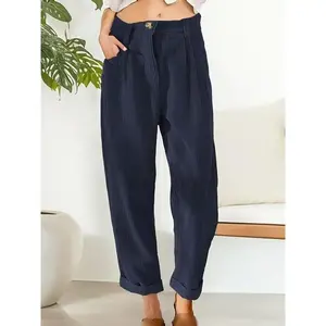 Women's High-Waisted Corduroy Straight Pants - Navy Blue, Loose Fit, Casual Style with Pockets, Comfortable for All Seasons, Polyester Fabric, Machine Washable, Essential Clothing Item|High-waisted Pants|Corduroy texture