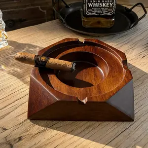 Vintage Square Cigar Ashtray, Thick Recycled Hardwood, with Cigar Tray, Home Office Use, Elegant Decorative Centerpiece, Sculpture Desk Decor, Large Size Design