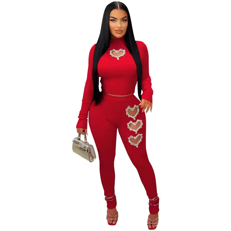 Metallic Heart Embellished Top & High Waist Skinny Pants Set in Red Polyester Spandex Blend for Versatile Style
