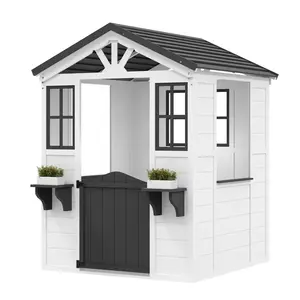 Cedar Wooden Kids Playhouse with Play Kitchen, Wooden Adventures Cottage for Backyard, Outdoor Toddler Playhouse for Kids with Vinyl Roof,White
