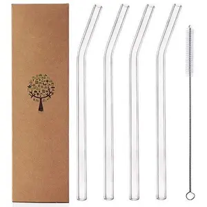 Glass Smoothie Straws  Reusable Clear Bent 9 In X 10 Mm Drinking Set Of 4 With Cleaning Brush