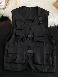 Multi-Pocket Workwear Vest, Trendy Street Sport Tank Top Loose Sleeveless Jacket 2 Pack, Solid Pattern, No Ca Prop 65 Warning