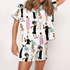 Breakfast At Tiffany's Satin Pajama Set For Women Print Comfy Satin Sleepwear & Loungewear Pjs Printing Silky Top & Bottoms - SHESHOW