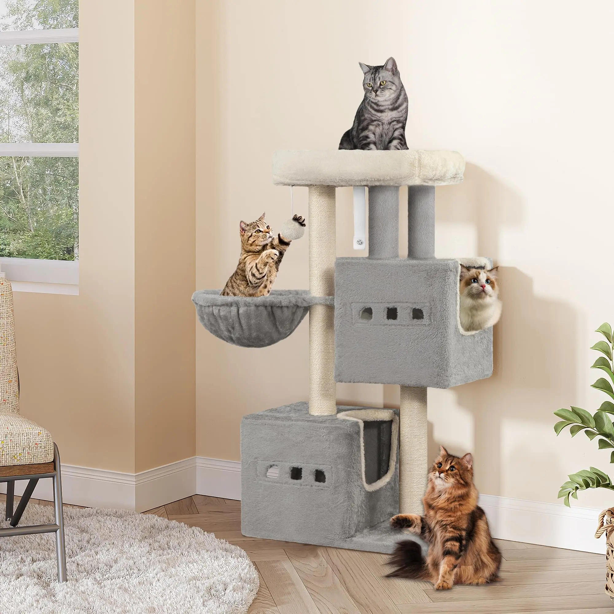 Hzuaneri Cat Tree, 39 inch Tower, Sisal Scratching Post, Cats Tower for Indoor, Multi-Level Stable Cat Tree with Cats House, 2 Caves, Pompoms