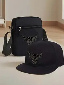 Cracked Bull Head Print Set, Unisex Flat Brim Hip Hop Baseball Cap and Crossbody Bag, Street Fashion Outdoor Sports Hat and Bag, Adjustable Gift, Adjustable Snapback Hat