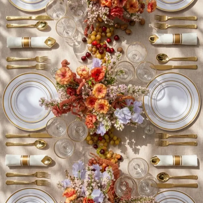350-Piece Gold Disposable Plates and Cutlery Set - Premium 10.25" Dinner Plates, 7.5" Dessert Plates, 9oz Cups & Cutlery for Weddings, Catering Events - 50 Guest Service - Elegant & Sturdy, Party Supplies, 350Gold