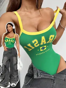 Women One-Piece Swimsuit With Brazil Letter Print And Color-Blocked Edges