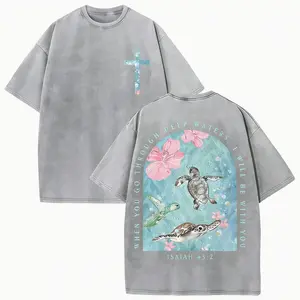 Mens Vintage Washed Pure Cotton T Shirt Oversized Sea Turtle I Will Be with You Text Print Loose Fit Soft Machine Washable Streetwear All Sizes Casual Daily Wear