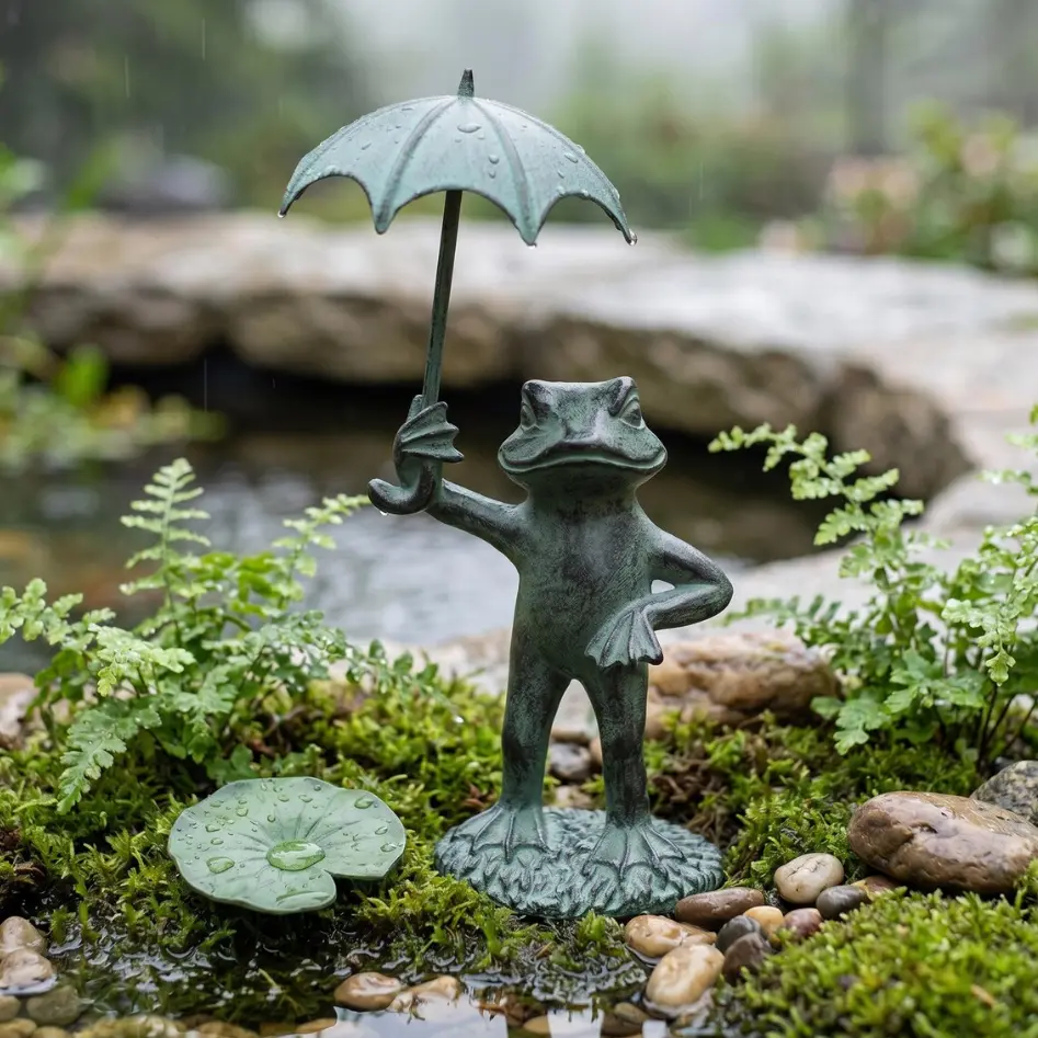 Vintage Resin Cute Frog Garden Statue with Umbrella - Rustic Whimsical Animal Sculpture, Cottage Outdoor Decor for Patio, Lawn, Pond, Balcony, Frog Lover Gift
